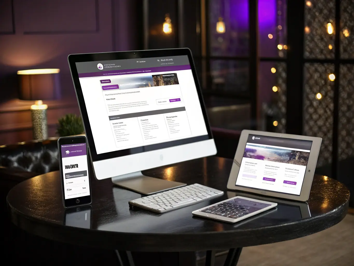 A sleek, modern website displayed on various devices including desktop, tablet, and smartphone, showcasing VISUAL MEDIA's web design capabilities.